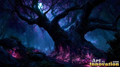 A twisted tree spreads thick branches under moonlight with bright purple roots below