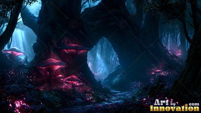 Arching over a dirt path in dark blue woods, pink mushrooms line the trees