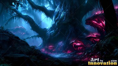 Pink mushrooms grow beside a giant twisted tree in a dark blue forest