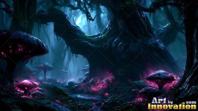 In a dark blue forest, bright pink mushrooms grow around a large tree trunk