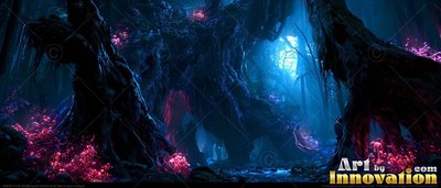 Rising in blue fog, ancient twisted trees stand over bright pink plants