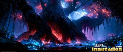 Ancient tree with red roots beside blue lights in a dark wood