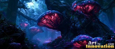 Bright pink ribbed undersides of giant mushrooms on dark trees in a moonlit blue forest