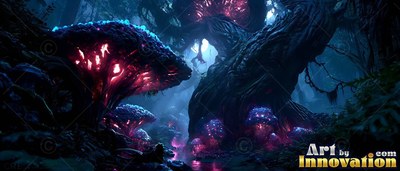 Huge mushrooms rise beside a twisted tree trunk, lit with bright pink and blue light