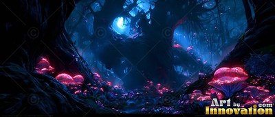 Spreading low across a dense forest, pink mushrooms rest under blue light