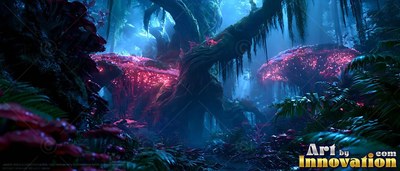 Giant pink mushrooms shine beside an old twisted tree in a dark blue jungle