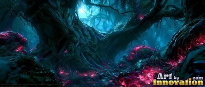 In a dark teal forest, twisted old trees grow over bright red moss along a path
