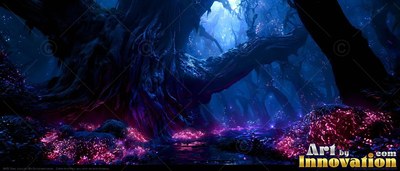 Twisting in blue light, old forest trees rise over bright pink moss clumps