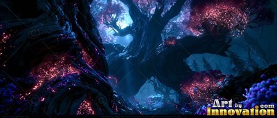 Twisted dark trees with pink specks under blue moonlight