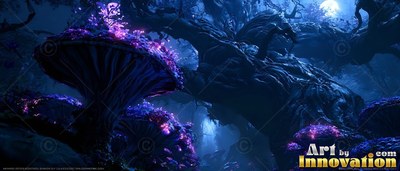 Purple specks dot giant mushrooms growing beside twisted trees in a dark blue night forest