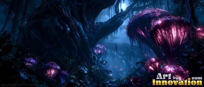 Purple mushrooms sprout across a deep forest floor beneath bright pink light