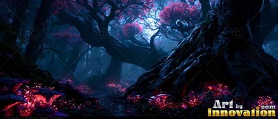 Bending low in a dim forest, twisted tree trunks spread beneath pink foliage
