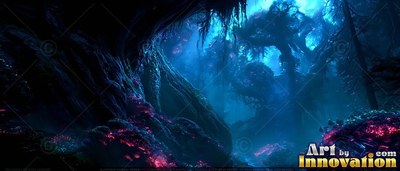 A dark blue forest path sits under crooked old trees with pink moss below