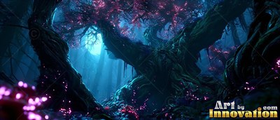 In a dark blue forest, an ancient gnarled tree spreads pink leaves under the moon