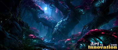 Winding through blue shadows, an ancient forest holds dark red mushrooms under a full moon