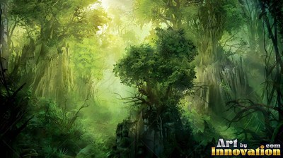 Dense green jungle with leafy trees in pale yellow light
