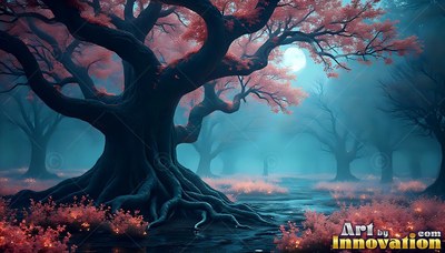 Pink leaves cover an ancient tree rooted in dark water under a blue moonlit sky