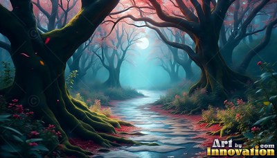 Old mossy trees arch over a forest stream under cool teal moonlight
