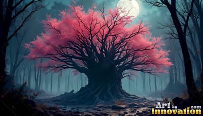 Standing centered in a dark wood, a tree spreads pink leaves under the moon