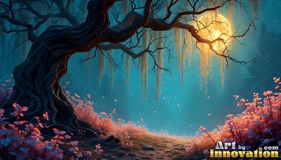 A crooked tree stands over pink blossoms beneath a shining full moon in teal mist