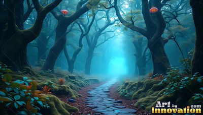 In a blue misty forest, a winding stone path leads past tall mossy trees
