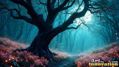 Spreading dark branches across blue moonlight, an ancient tree stands by a path