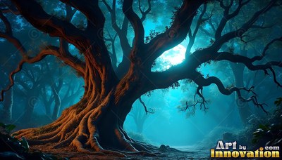 A gnarled old tree spreading its branches in a blue misty forest