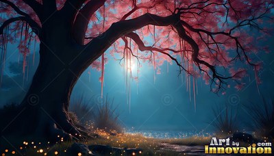 Pink tendrils hang from a broad tree standing beside a quiet pond under blue moonlight