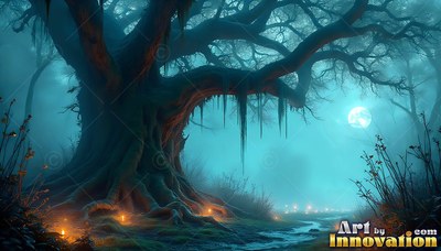 Spreading wide branches, a gnarled tree stands in a foggy teal forest