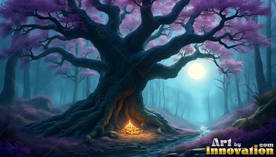 A big tree with pink leaves stands beside a campfire under the moon