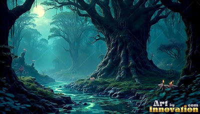 In a moonlit teal forest, an old gnarled tree grows beside a quiet stream
