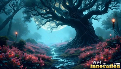 Standing beside a stream, a dark gnarled tree spreads branches over pink bushes