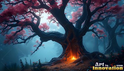 A large tree with pink leaves and a lit hollow in blue fog