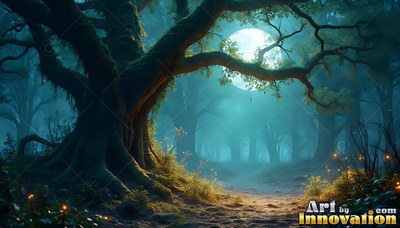 Mossy twisted roots of an old oak tree spread across a blue misty forest under the moon