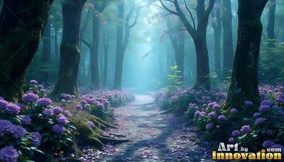 A dirt path winds through tall trees lined with purple blossoms under blue haze