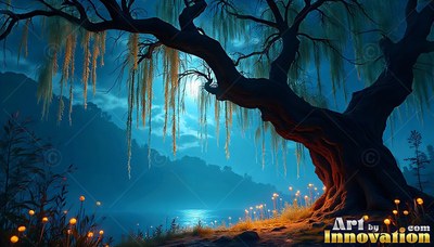 Leaning sideways beside a blue lake, a crooked tree stands under moonlight