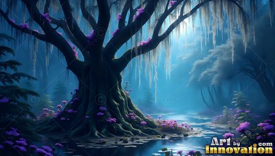 A wide old tree with purple blossoms sits by a blue stream in the foggy woods