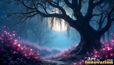 In a dark forest, a large mossy tree stands beside pink flowers under a bright moon