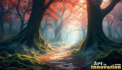 Winding past mossy roots, a stone path leads into woods with red leaves