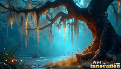 An old gnarled tree with hanging moss beside blue water at night