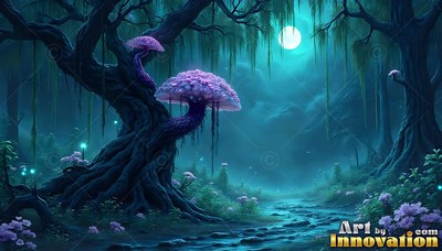 Large purple mushrooms grow on a dark gnarled tree along a stone path under a moon in teal mist