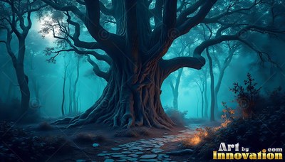 An ancient tree spreads its twisted roots along a stone path in deep teal fog