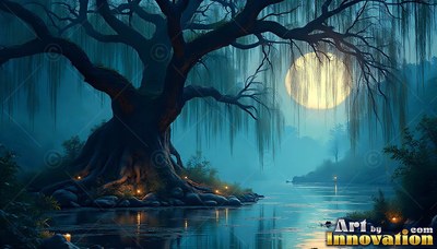 Curving wide over calm water, an ancient willow rests under a moon