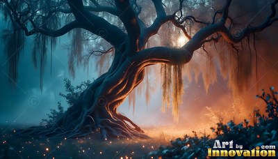A twisted willow tree stands in blue mist beside warm orange light