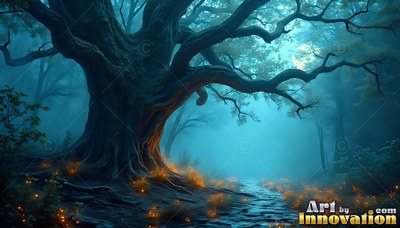 In a foggy teal forest, an old gnarled tree spreads branches over a path