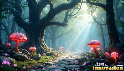 Winding into a sunlit forest, a stone path is lined with red mushrooms and mossy rocks