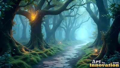 Stone path winding through teal foggy woods with lanterns