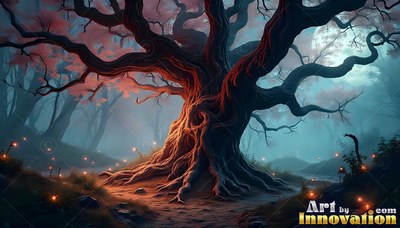 Twisted roots spread across dark earth beneath a gnarled tree in blue misty woods