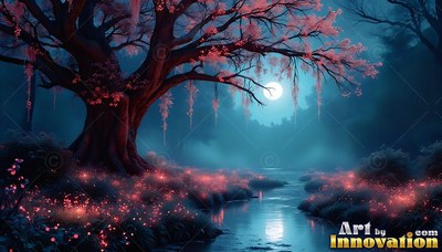 A pink flowering tree arches over a dark stream under pale blue moonlight
