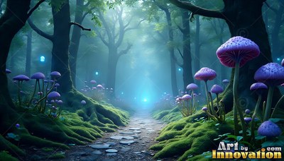 Centered view along a dirt path lined with purple mushrooms and mossy trees